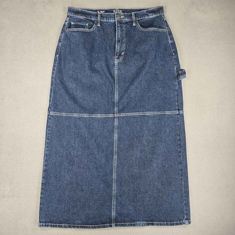 A.n.a Denim Skirt Womens 14 Blue High Rise Long Straight Carpenter Slit Maxi